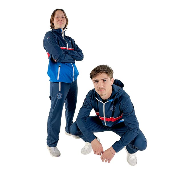 woman standing arms crossed and man crouching both wearing fully sublimated blue jacket and trousers