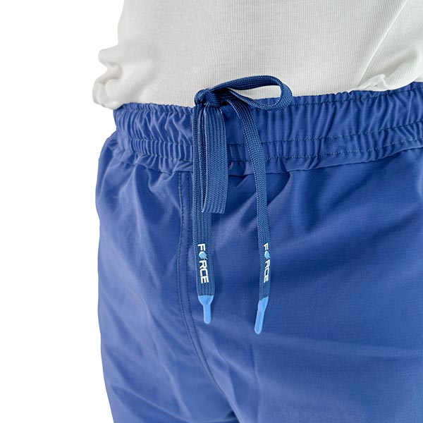 close-up view of the waist cord of a  blue sublimated sports trousers