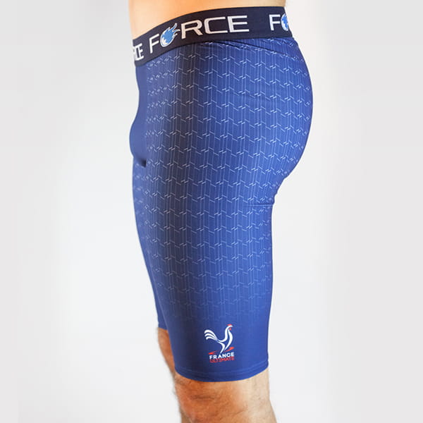 side view of legs of man wearing blue tights with force belt
