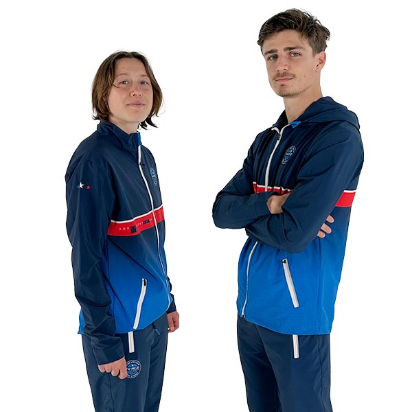 man and woman facing each other wearing full sublimated blue jackets and trousers