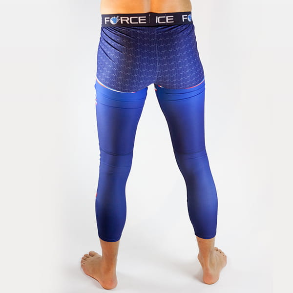 rear view of man legs wearing long blue tights with force belt