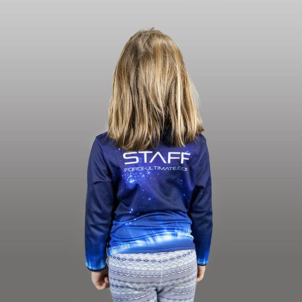 back of kid wearing a blue force sublimated jersey with long sleeves